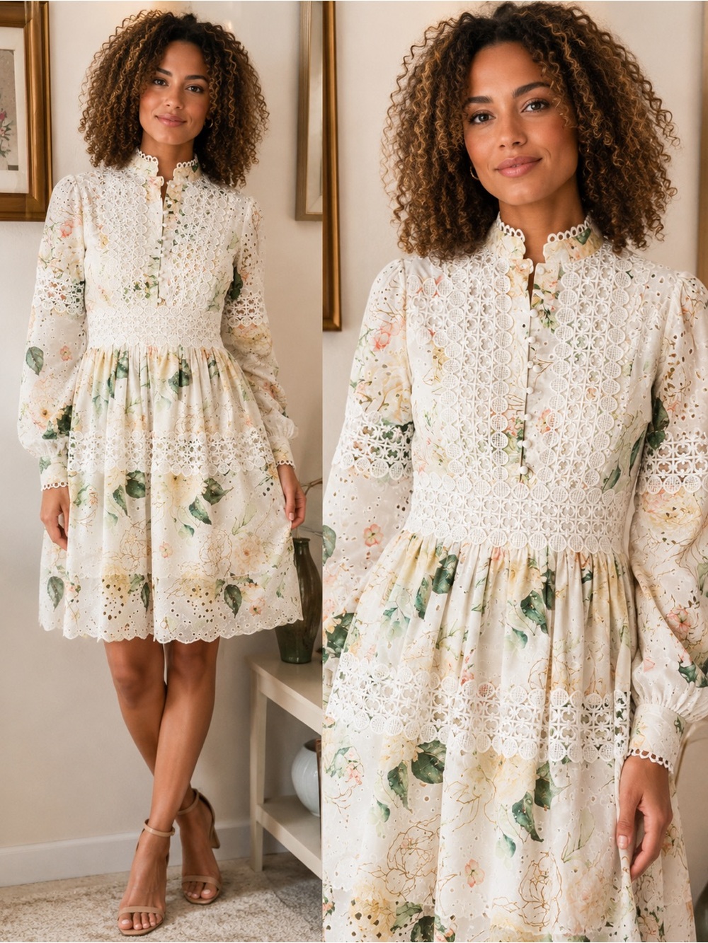 Dahlia McPhee Floral Lace Midi Dress in Cream and Green